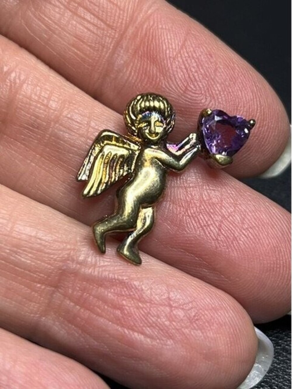 B7074 Vermeil gold plated sterling 925 Cherub Cupid Pendant Amethyst Heart Charm